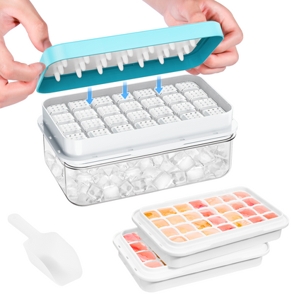 KINGTACK Ice Cube Tray, Ice Trays for Freezer, Ice Cube Tray With Lid and Bin, Making 56 pcs Ice Cubes, Chilling Cocktail, Whiskey, Coffee, with 2 trays, Ice Container, Scoop&Cover, BPA Free, Blue