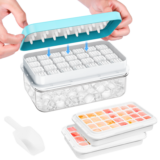 KINGTACK Ice Cube Tray, Ice Trays for Freezer, Ice Cube Tray With Lid and Bin, Making 56 pcs Ice Cubes, Chilling Cocktail, Whiskey, Coffee, with 2 trays, Ice Container, Scoop&Cover, BPA Free, Blue