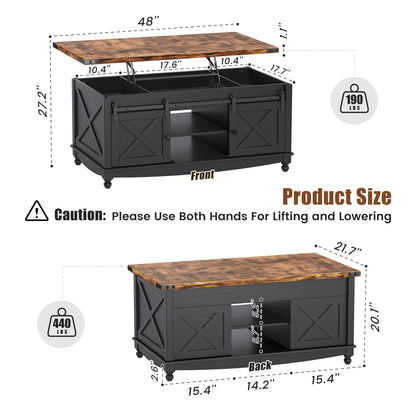 Flycity 48" Farmhouse Lift Top Coffee Table with Storage Sliding Barn Door, Lifting Tabletop Rustic Center Table with Large Hidden Compartment for Living Room, White & Brown