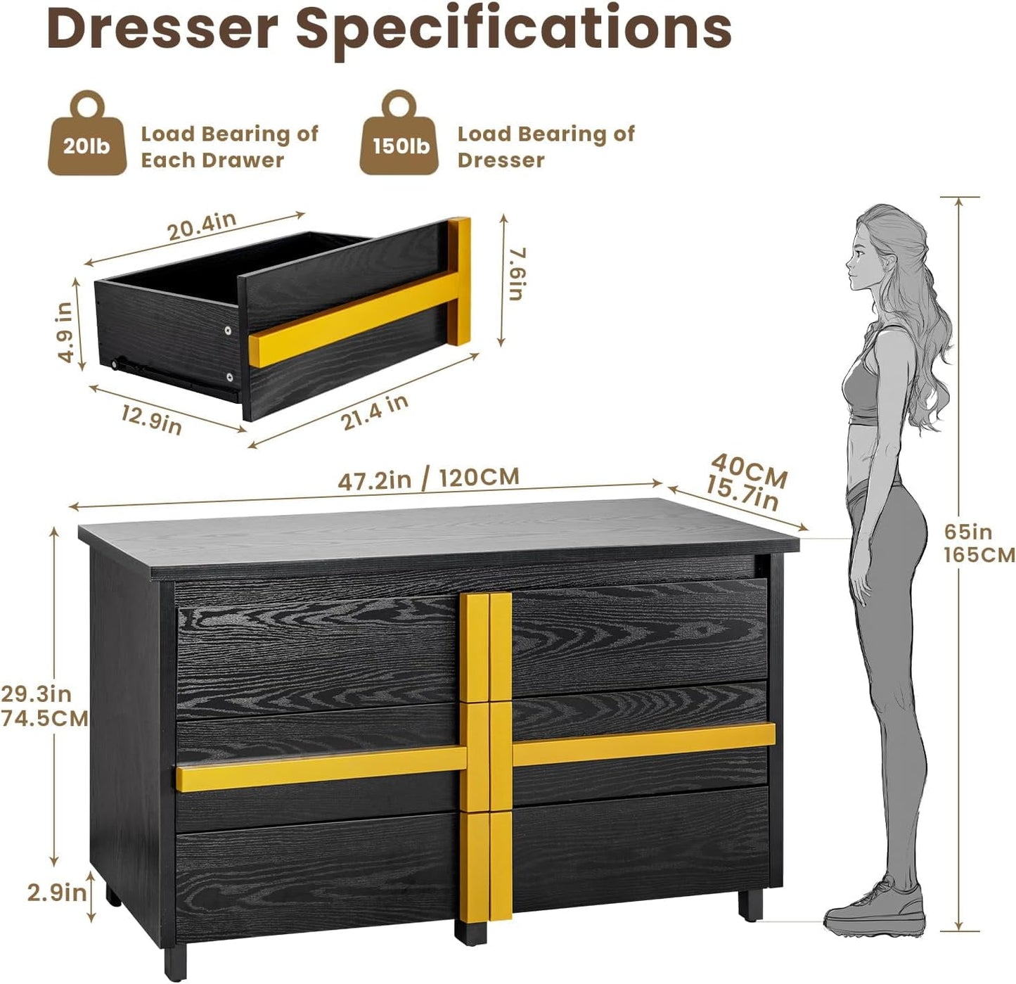 FLYCITY 6 Drawer 47.2'' Dresser for Bedroom, Modern Dresser Wood Storage Cabinet with Gold Handle, Large & Long Dresser(Black)