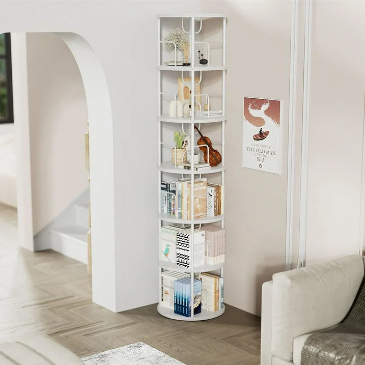 Flycity 6 Tier Rotating Bookshelf, 360° Display Rotating Bookcase Corner Storage Rack with Special Visible Partition Storage, White