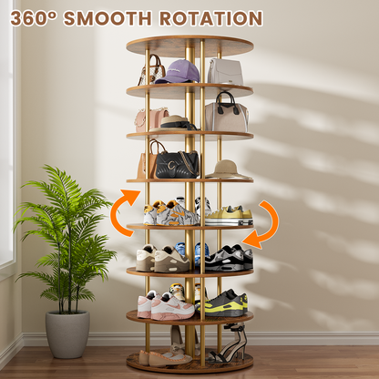 Flycity 7 Tier Rotating Shoe Rack Tower, 360° Spinning Shoe Organizer, Vertical Handbag & Shoe Carousel, Revolving Shoes Closet Storage Rack, Gold