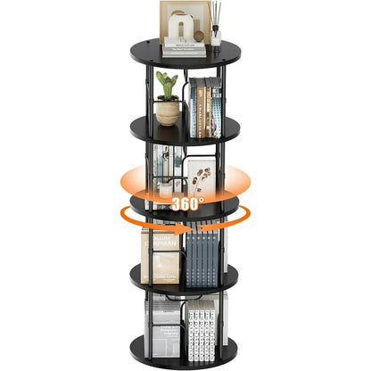 Flycity 4 Tier Rotating Bookshelf, 360° Display Rotating Bookcase Corner Storage Rack with Special Visible Partition Storage, Black