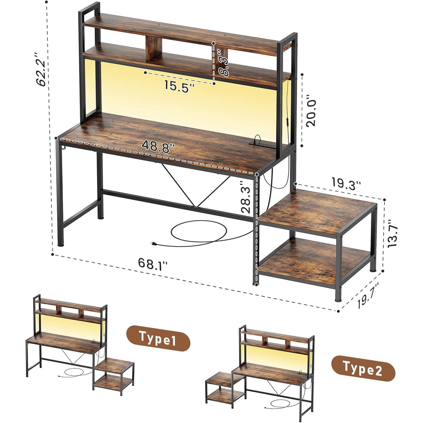 Flycity Computer Desk with Printer Stand & Hutch, 69 Inch Gaming Desk with LED Lights & Power Outlets, Home Office Desk with Storage Shelves & Hooks for Living Room, Small Spaces, Rustic Brown