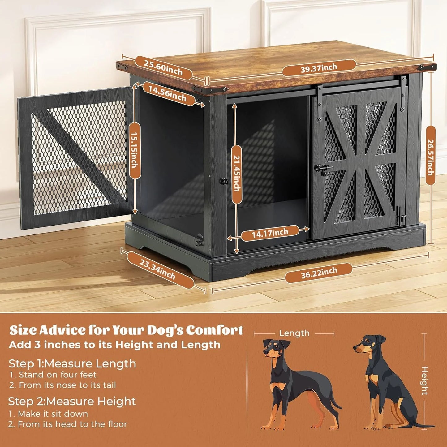 Flycity 39.4''Farmhouse Dog Crate Furniture with Sliding Door, Heavy Duty Dog Crate for Medium Large Dogs, XL Dog Kennel Indoor with Three Doors, Chew Resistant End Table for Living Room, Black