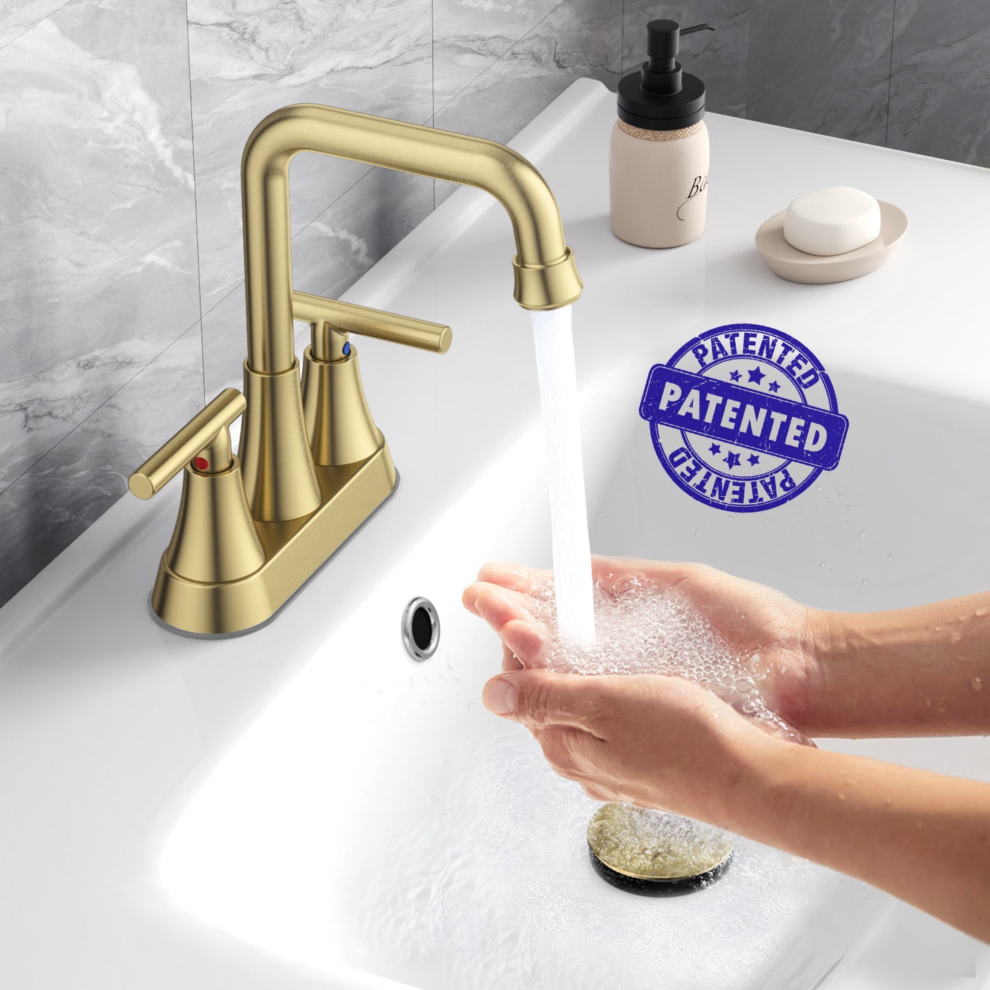 KINGTACK Bathroom Sink Faucet, 4 inch Brushed Gold Bathroom Faucets with Pop-up Drain and Supply Lines, Stainless Steel 2-Handle Centerset Faucet for Bathroom Faucet 3 Hole