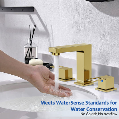KINGTACK Bathroom Faucet for Sink 3 Hole, 8 inch Brushed Gold Bathroom Faucet with Pop Up Drain, 2 Handle Vanity Faucet with Water Supply Hoses