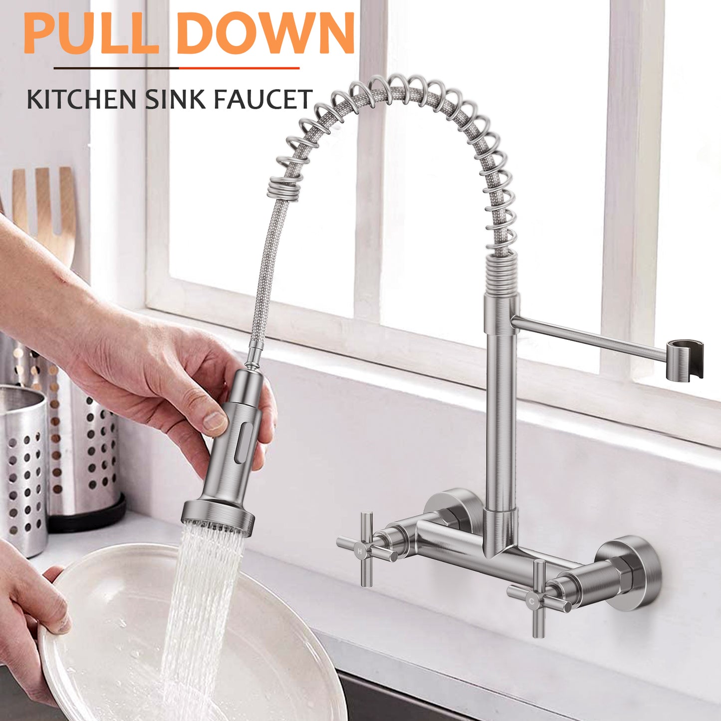 KINGTACK Wall Mount Kitchen Faucet,8 inch Commercial Sink Faucet with Sprayer, Dual Handles Utility Sink Faucet for Kitchen Laundry Restaurant,Stainless Steel