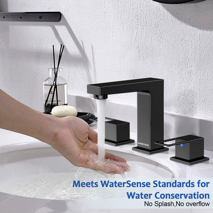 KINGTACK Matte Black Bathroom Faucet 3 Hole, 8 inch Widespread Bathroom Faucet with Pop Up Drain, 2 Handle Vanity Faucet with Water Supply Hoses