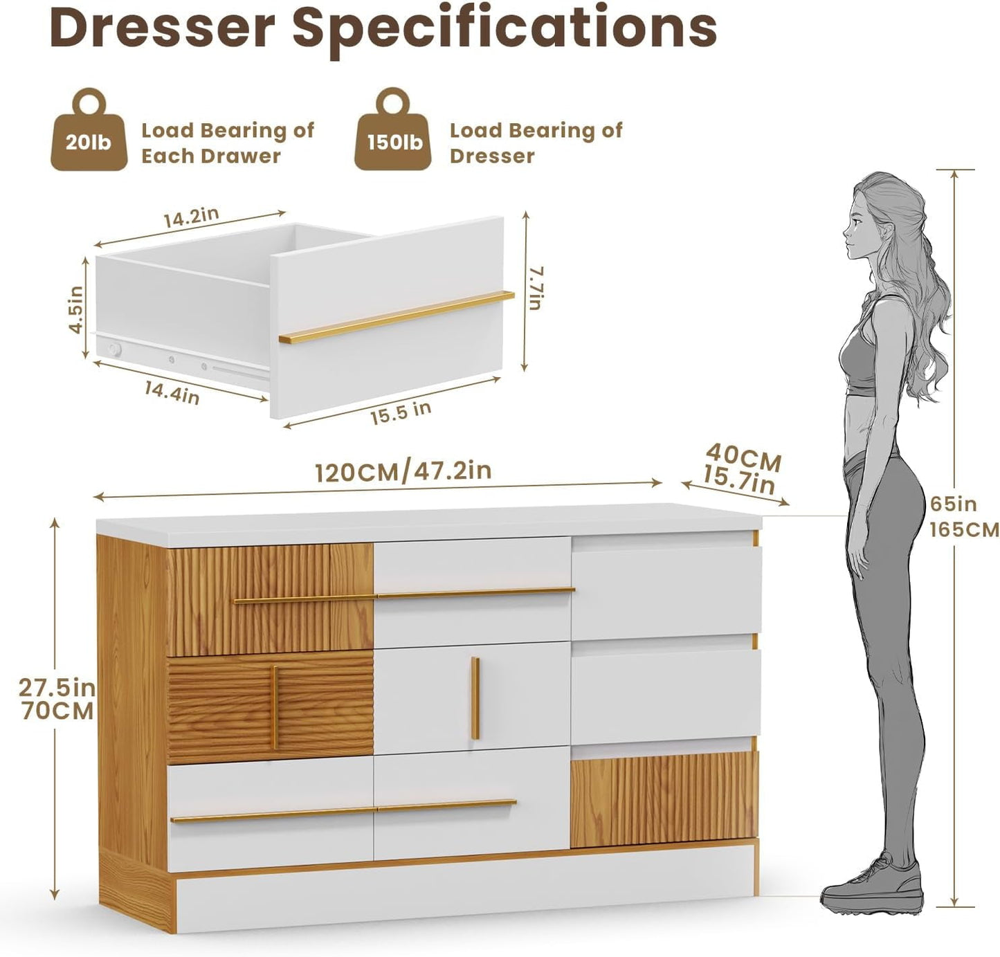 FLYCITY 9 Drawer 47.2'' Dresser for Bedroom, Modern Dresser Wood Storage Cabinet with Fluted Finish, Large & Long Dresser