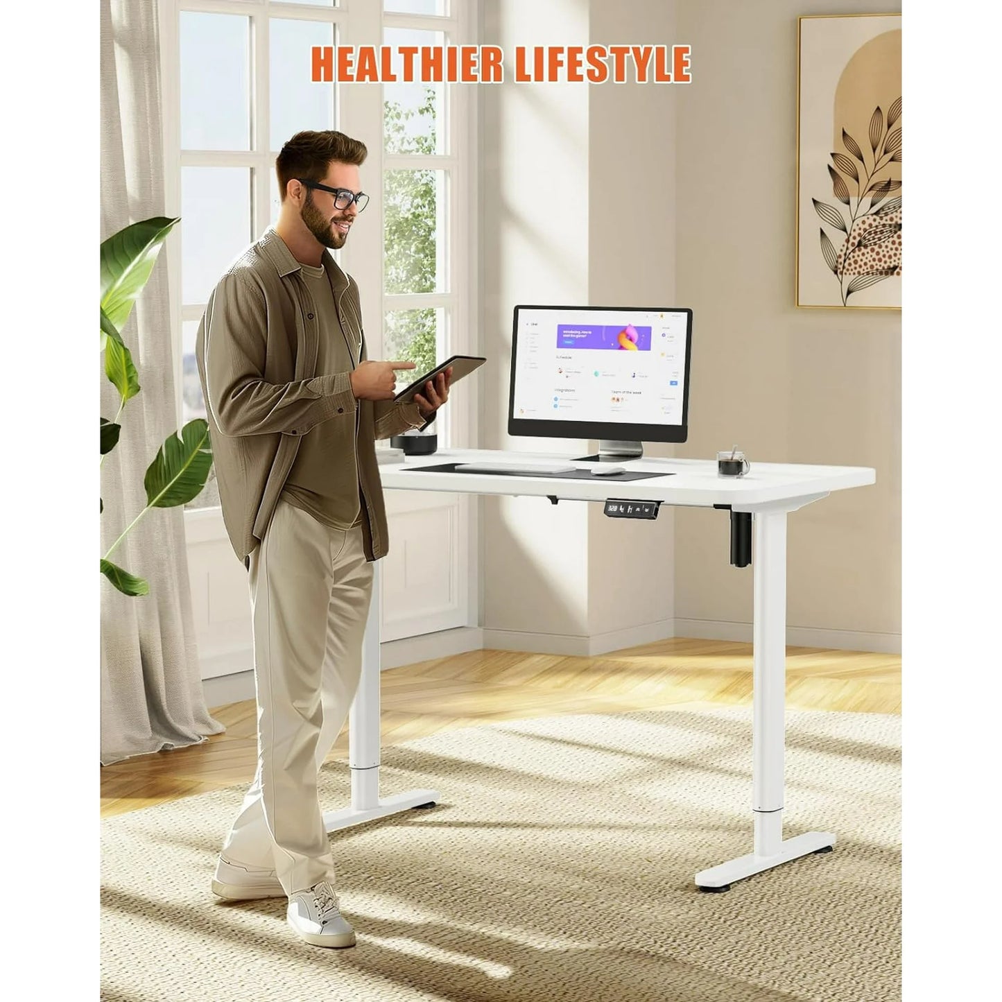 Flycity Electric Standing Desk Frame, Adjustable Height Stand Up Desk Legs, 27.6"-43.3" Adjustable Length Home Office Desk Legs, Computer Desk Base with Child Lock & Memory Function, White