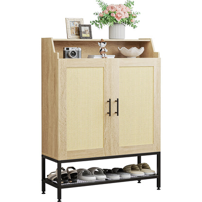 Flycity Rattan Shoe Cabinet with Doors, 7-Tier Shoe Rack Organizer Cabinet with Adjustable Shelves & Buffer Hinge, Freestanding Storage with Anti-Tip Fitting for Entryway, Hallway