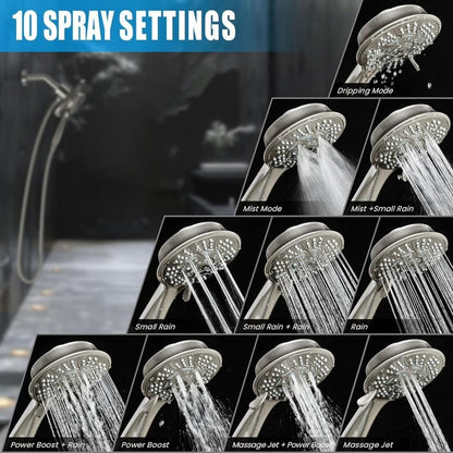 KINGTACK High Pressure Shower Heads, 7.2Inch 2 in 1 Rainfall Shower head & Handheld Showers with Magnetic Docking System, 10-Setting Handheld Shower Head with 59" Rotatable Stainless Steel Hose