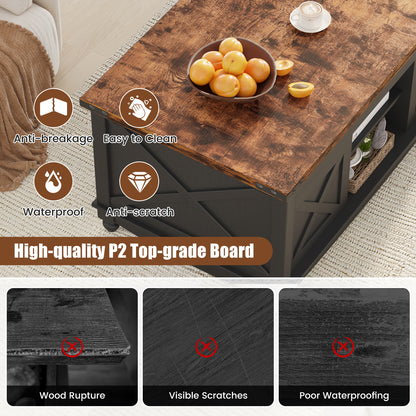 Flycity 48" Farmhouse Lift Top Coffee Table with Storage Sliding Barn Door, Lifting Tabletop Rustic Center Table with Large Hidden Compartment for Living Room, White & Brown