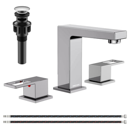 KINGTACK Bathroom Faucets for Sink 3 Hole, 8 inch Chrome Bathroom Sink Faucet with Pop Up Drain, 2 Handle Vanity Faucet with Water Supply Hoses
