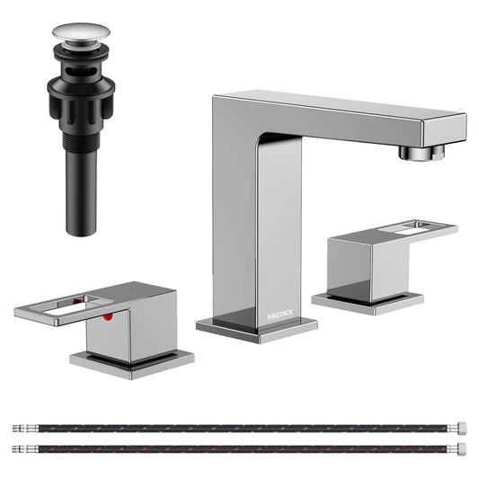 KINGTACK Bathroom Faucets for Sink 3 Hole, 8 inch Chrome Bathroom Sink Faucet with Pop Up Drain, 2 Handle Vanity Faucet with Water Supply Hoses