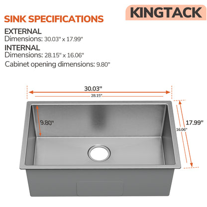 KINGTACK 30-inch Undermount Kitchen Sink, 304 Stainless Steel Drop in Sinks, Workstation Single Bowl Basin Sink Set with 4 Sink Accessories