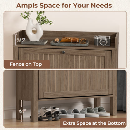 Flycity Shoe Storage Cabinet with 2 Flip Drawers, Freestanding Organizer with Open Storage, Narrow Farmhouse Shoe Rack with Legs for Entryway, Light walnut