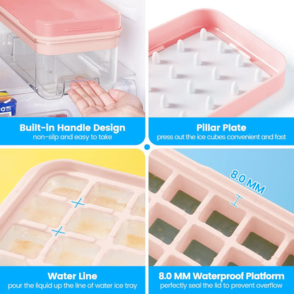 KINGTACK Ice Cube Tray with Lid and Bin, Ice Cube Tray Molds, 96(4 * 8 * 3) pcs Ice Trays for freezer, Chilling Drinks, Whiskey & Cocktails, with Ice Container and Ice Scoop, BPA-Free, Pink