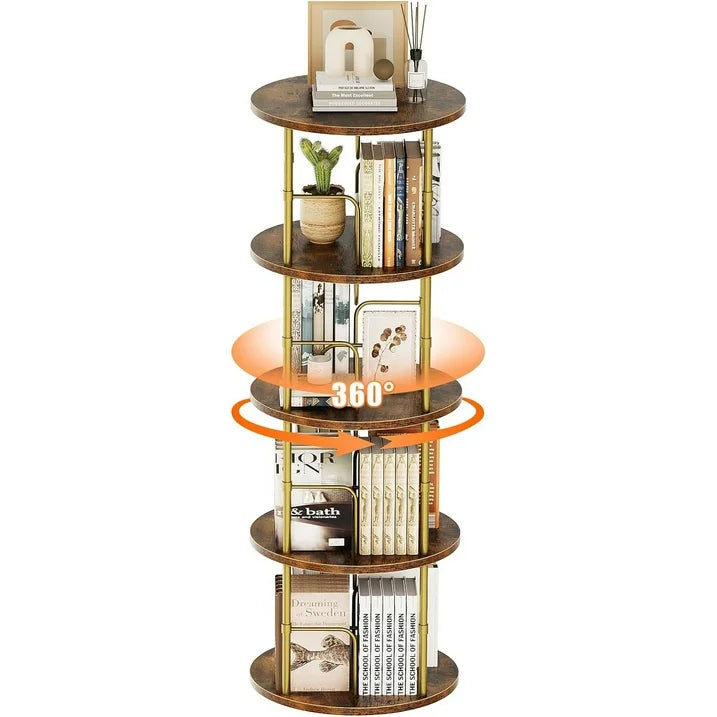 Flycity 4 Tier Rotating Bookshelf, 360° Display Rotating Bookcase Corner Storage Rack with Special Visible Partition Storage, Gold