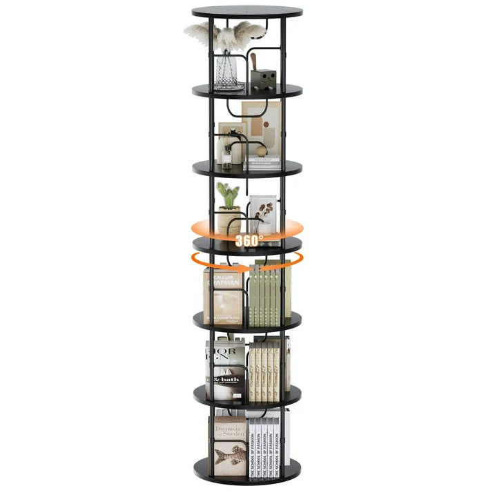 Flycity 6 Tier Rotating Bookshelf, 360° Display Rotating Bookcase Corner Storage Rack with Special Visible Partition Storage, Black