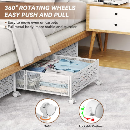Flycity 4 Pack Foldable Under Bed Storage, Under the Bed Storage Containers with Wheels, Storage Organizer Bins for Bedroom Clothes Shoes Blankets - White