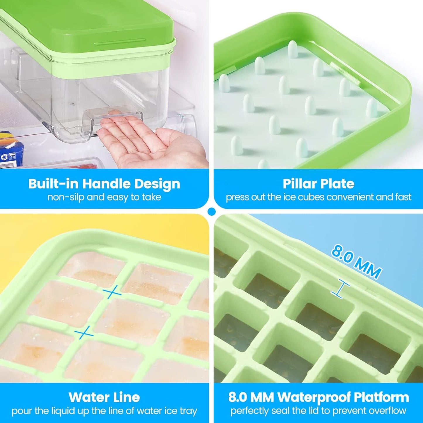 KINGTACK Ice Cube Tray, Ice Trays for Freezer, Ice Cube Tray With Lid and Bin, Making 64 pcs Ice Cubes, Chilling Cocktail, Whiskey, Coffee, with 2 trays, Ice Container, Scoop&Cover, BPA Free, Green