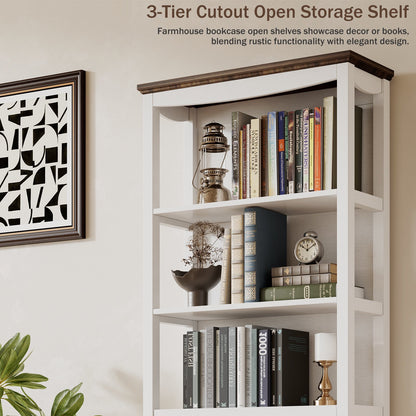 Flycity 71 Inch Tall Bookshelf, 6 Tiers Farmhouse Bookcase with Drawers and Shelves, Kitchen Storage Cabinet, Rustic Freestanding Display Bookshelves for Bedroom Living Room