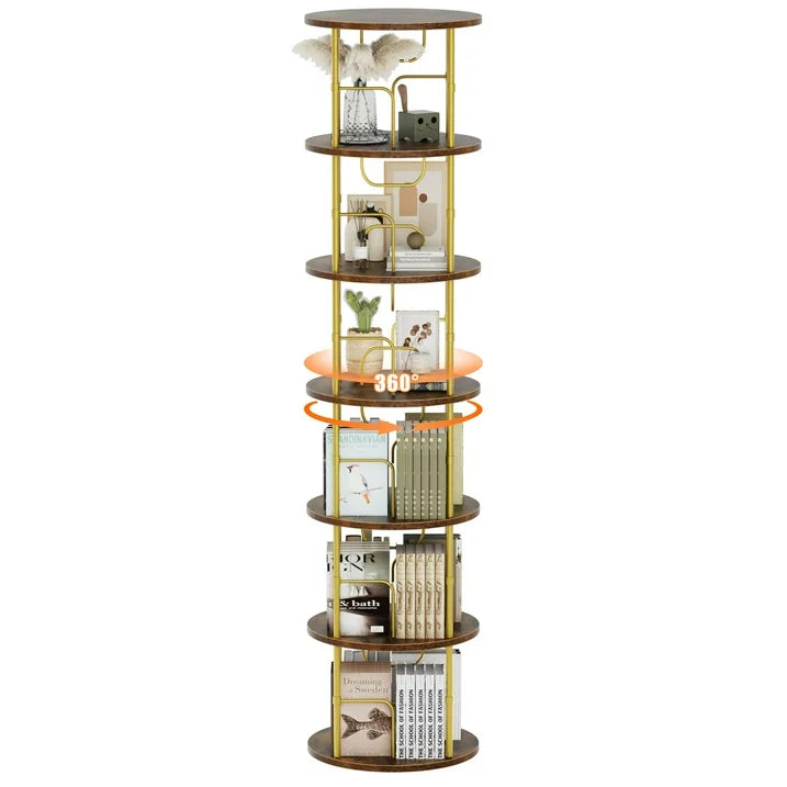 Flycity 6 Tier Rotating Bookshelf, 360° Display Rotating Bookcase Corner Storage Rack with Special Visible Partition Storage, Gold