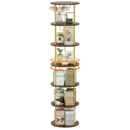 Flycity 6 Tier Rotating Bookshelf, 360° Display Rotating Bookcase Corner Storage Rack with Special Visible Partition Storage, Gold