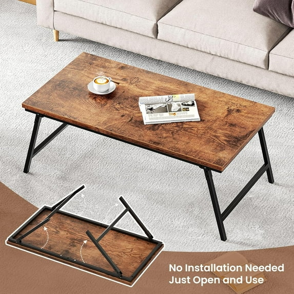 Flycity No Assembly Mini Folding Coffee Table, Leg Latches Portable Sturdy Floor Table Desk for Sitting on The Floor, Low Coffee Table for Living Room, Home, Office, Rustic Brown, 31.5"×15.75"×14.37"