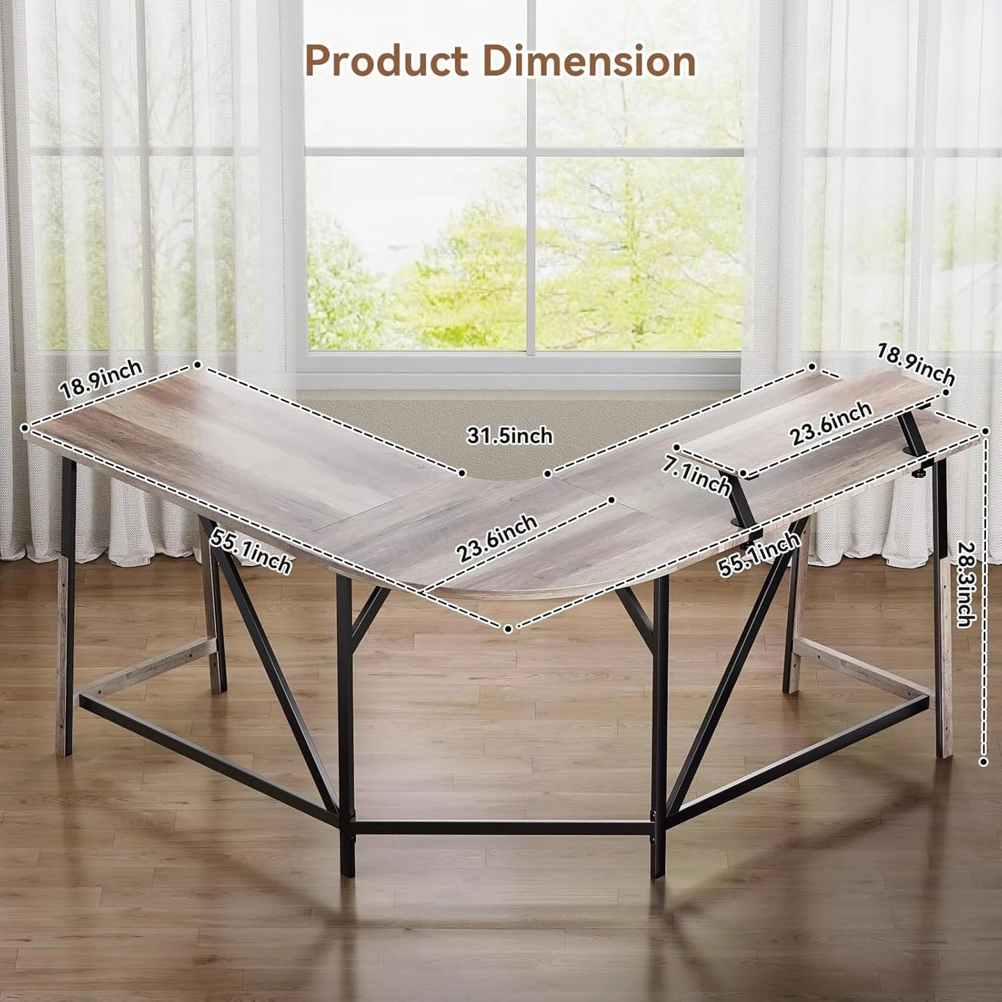 Flyicty 55'' L Shaped Gaming Desk, Ergonomic Corner Desk with Monitor Stand, Computer Desk for Home Office Study Writing Workstation, Large Computer Table PC Desk, Grey Oak