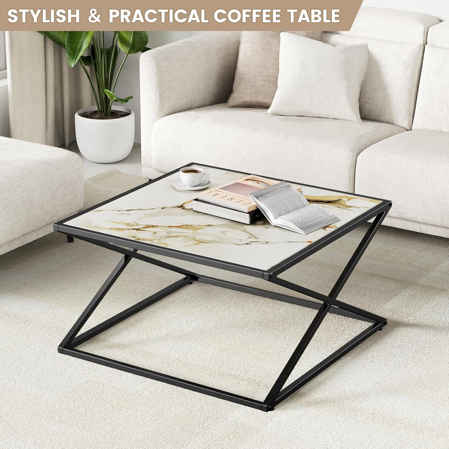 Flycity 27.6 Inch Marble Coffee Table, White Top Small Square Coffee Table with Black Metal Frame, Simple Modern Center Coffee Table for Living Room Home Office