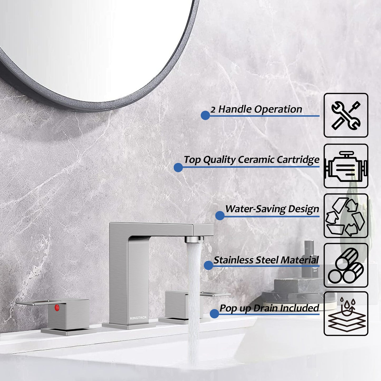 KINGTACK Bathroom Sink Faucet, 8 inch Brushed Nickel Bathroom Faucet with Pop Up Drain, 2 Handle Vanity Faucet with Water Supply Hoses