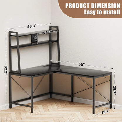 Flycity 93.3 inch L Shaped Gaming Desk with Hutch, LED Lights & Power Outlets, Ergonomic L-Shaped Gaming Desk with Storage Shelves for Home Office, Black