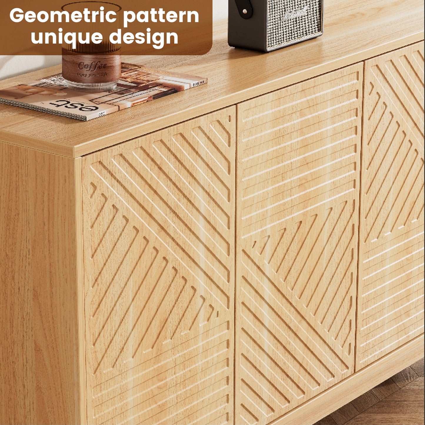 Flycity Sideboard Buffet Cabinet with Storage, 60" Modern Storage Cabinet with 4 Doors & Adjustable Shelves, Wood Console Table Accent Cabinet with Geometric Pattern for Kitchen, Living Room, Hallway