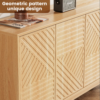 Flycity Sideboard Buffet Cabinet with Storage, 60" Modern Storage Cabinet with 4 Doors & Adjustable Shelves, Wood Console Table Accent Cabinet with Geometric Pattern for Kitchen, Living Room, Hallway