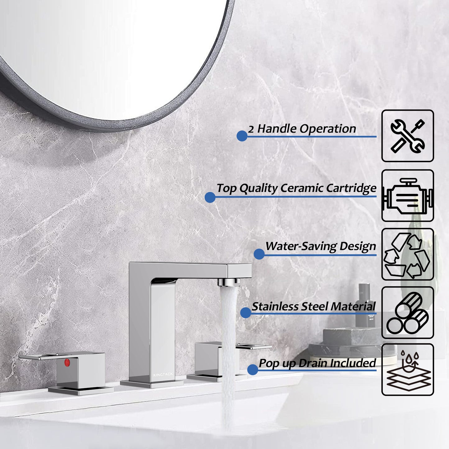 KINGTACK Bathroom Faucets for Sink 3 Hole, 8 inch Chrome Bathroom Sink Faucet with Pop Up Drain, 2 Handle Vanity Faucet with Water Supply Hoses