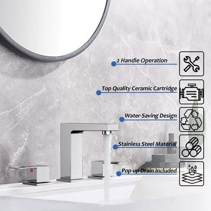 KINGTACK Bathroom Faucets for Sink 3 Hole, 8 inch Chrome Bathroom Sink Faucet with Pop Up Drain, 2 Handle Vanity Faucet with Water Supply Hoses