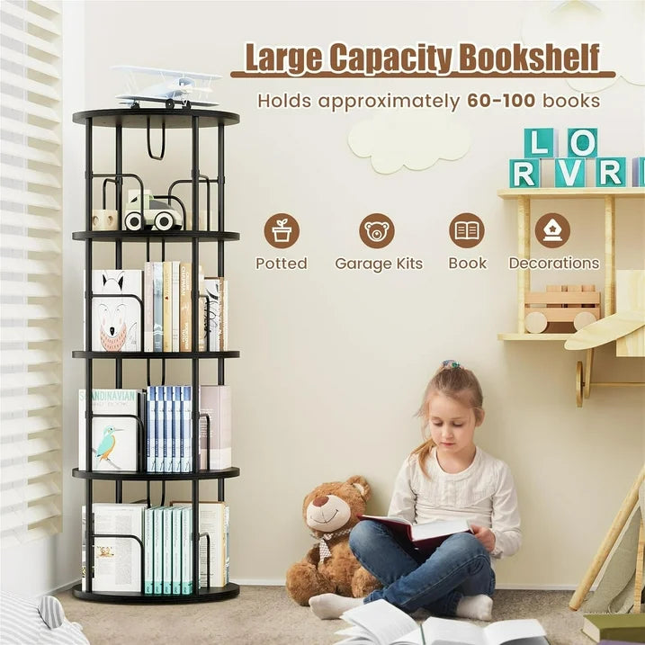 Flycity 4 Tier Rotating Bookshelf, 360° Display Rotating Bookcase Corner Storage Rack with Special Visible Partition Storage, Black