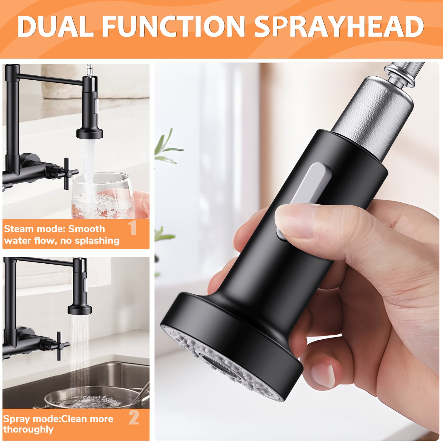 KINGTACK Wall Mount Kitchen Faucet,8 inch Commercial Sink Faucet with Sprayer, Dual Handles Utility Sink Faucet for Kitchen Laundry Restaurant, Matte Black