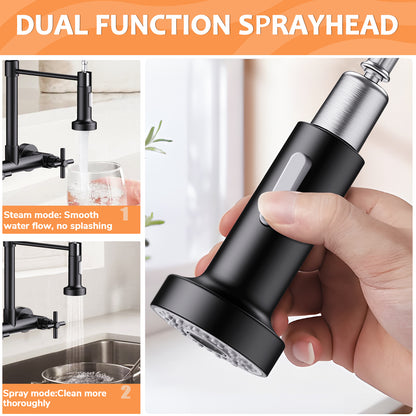 KINGTACK Wall Mount Kitchen Faucet,8 inch Commercial Sink Faucet with Sprayer, Dual Handles Utility Sink Faucet for Kitchen Laundry Restaurant, Matte Black