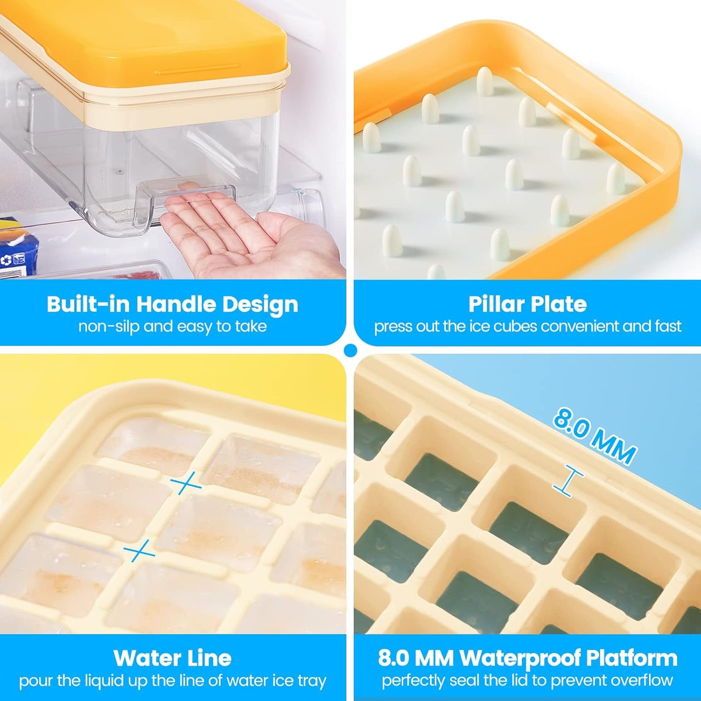 KINGTACK Ice Cube Tray with Lid and Bin, 32 pcs Ice Cubes Molds, Ice Trays for Freezer, with 1 tray, Ice Freezer Container, Spill-Resistant Removable Lid & Ice Scoop, for Whiskey,Cocktail, Yellow