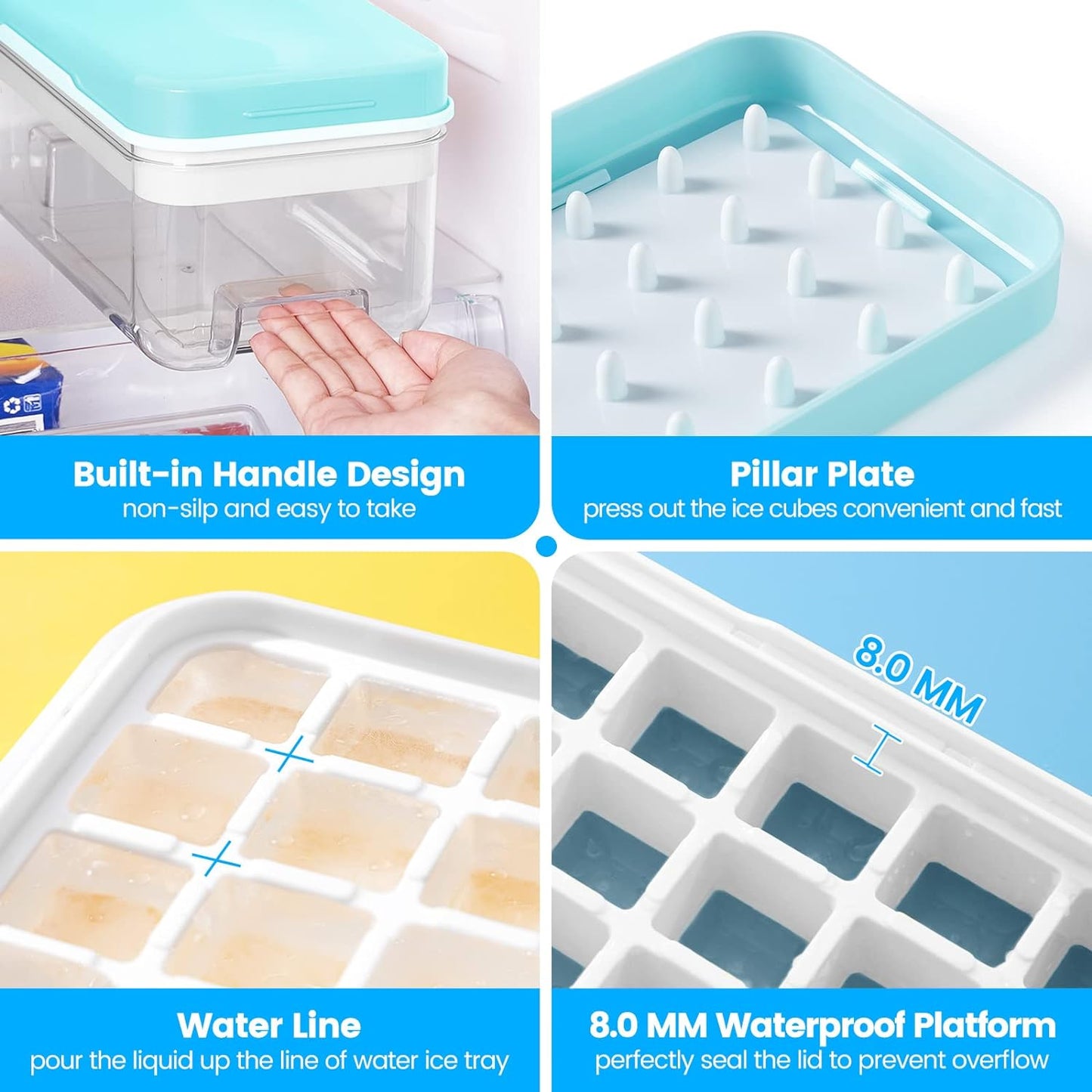 KINGTACK Ice Cube Tray with Lid and Bin, Ice Cube Tray Molds, 96(4 * 8 * 3) pcs Ice Trays for freezer, Chilling Drinks, Whiskey & Cocktails, with Ice Container and Ice Scoop, BPA-Free, Blue