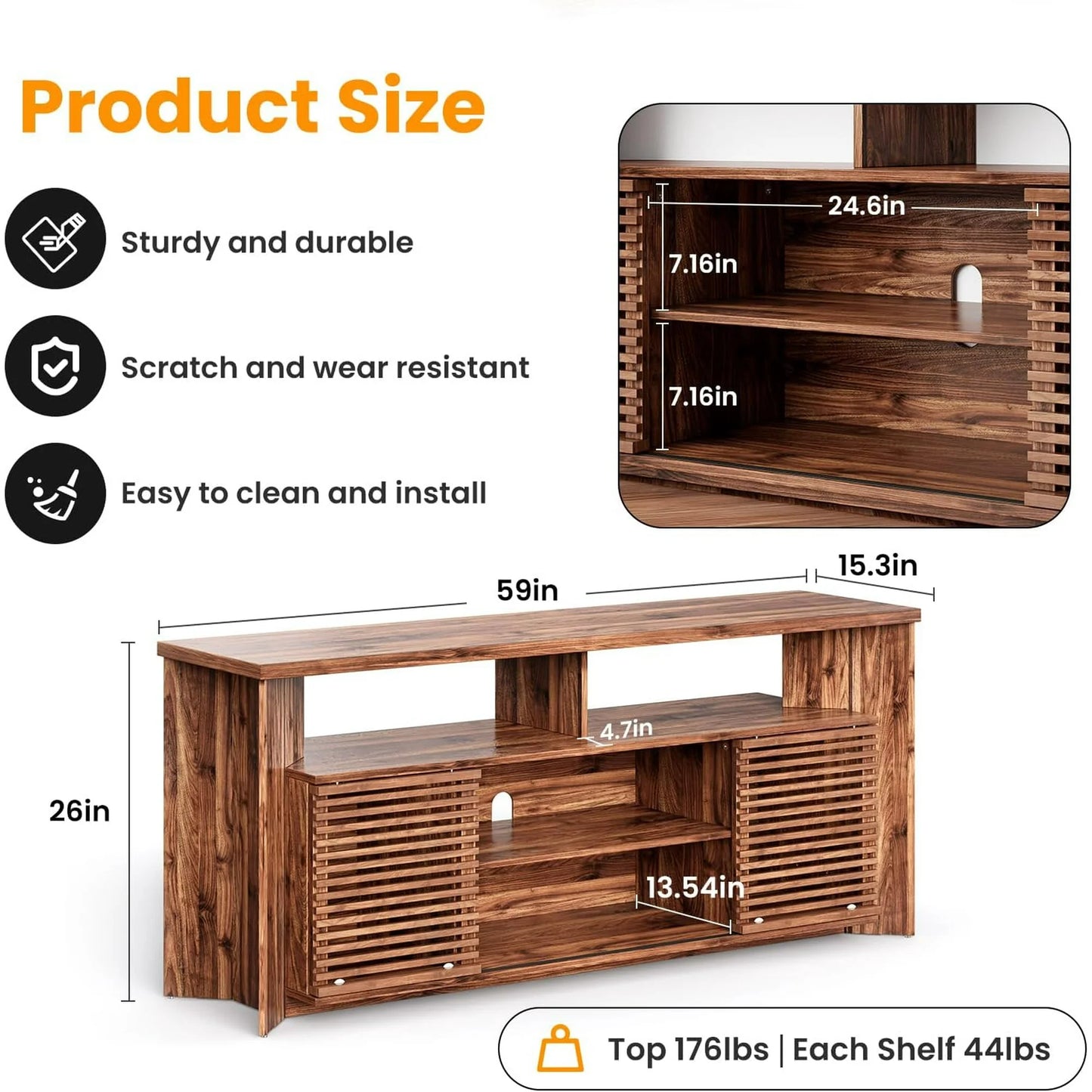 Flycity Mid Century Modern TV Stand for 55 60 65 Inch TVs, Entertainment Center with Sliding Doors & Storage, Wood Media Console for Living Room/Bedroom, Walnut Credenza TV Cabinet