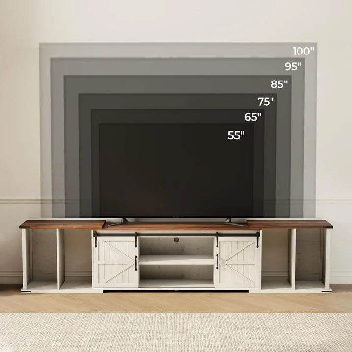 Flycity Extendable TV Stand for 85 95 105 Inch TVs, Large Entertainment Center with Sliding Doors & Storage, Modern Media Console for Living Room, Adjustable Length 86"-113", Heavy Duty TV Cabinet