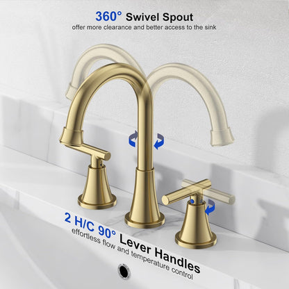 KINGTACK Bathroom Faucets for Sink 3 Hole, Brushed Gold Bathroom Sink Faucet with Pop-up Drain and Supply Lines, Stainless Steel Lead-Free Widespread Faucet for Bathroom Sink Vanity RV Sink, 2 Pack...