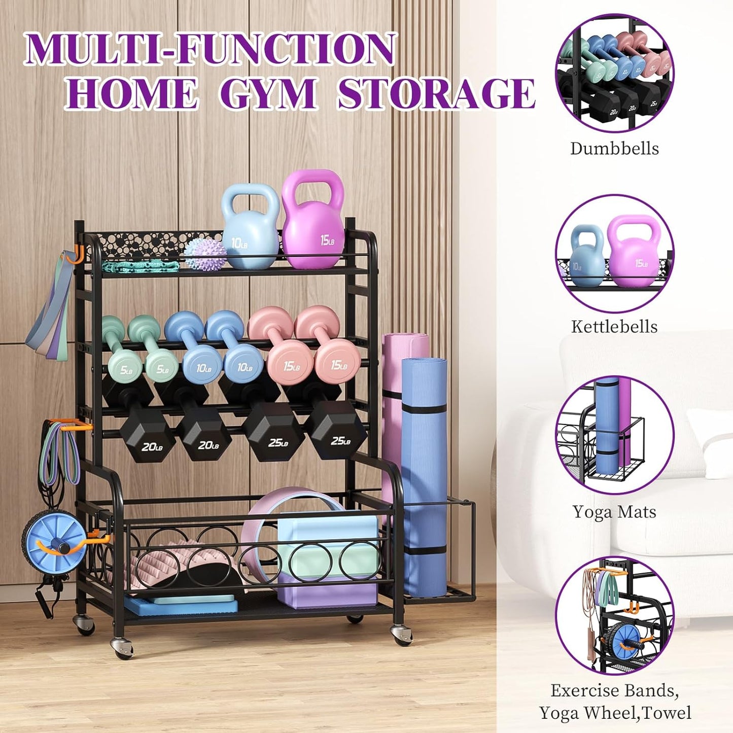 Flycity Dumbbell Rack, Weight Rack for Dumbbells, Home Gym Storage for Dumbbells Kettlebells Yoga Mat and Balls, Weight Storage Holder Rack with Wheels and Hooks