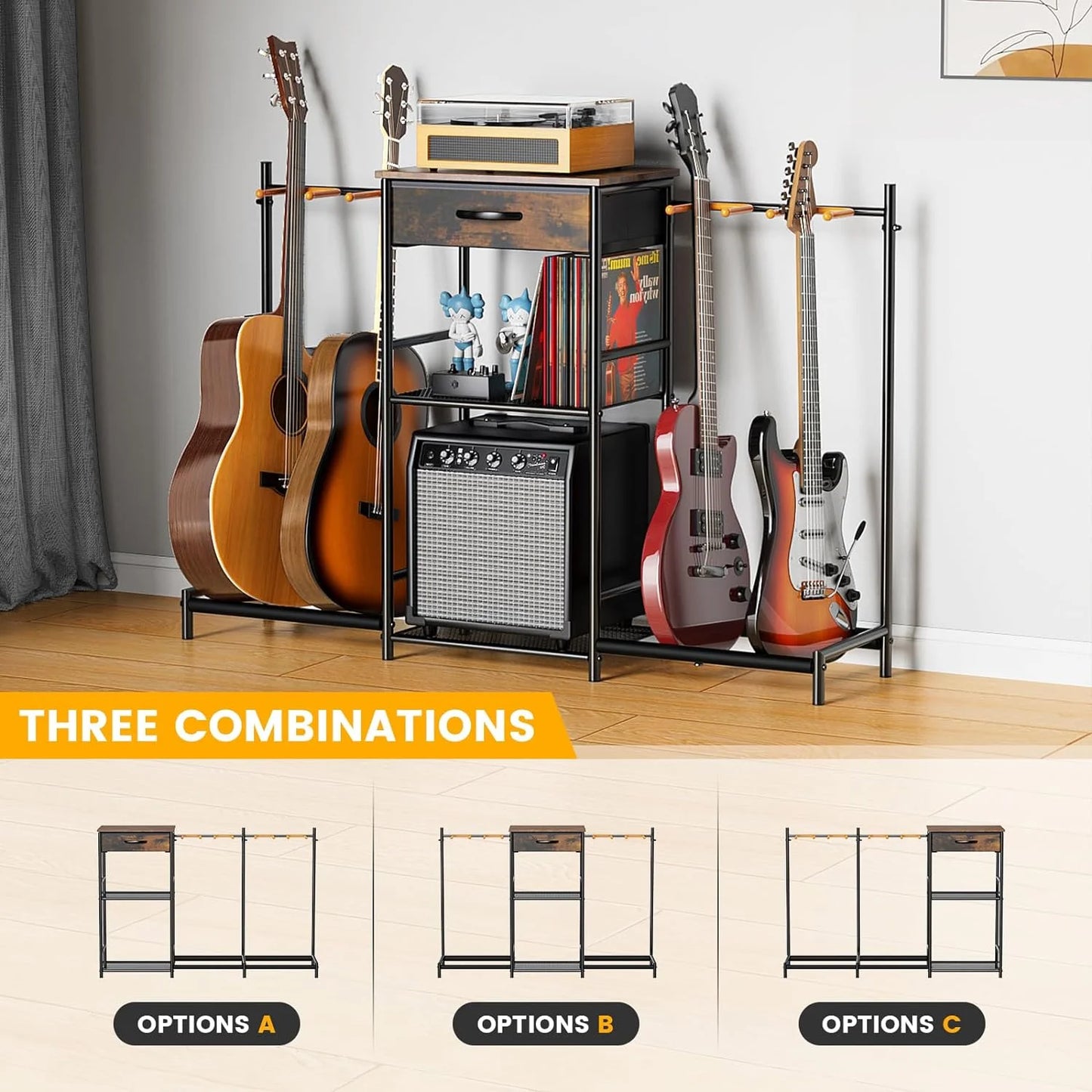 Flycity Guitar Stands Floor with 4 Guitar Holders, 3-Tier Guitar Rack with Amp Stand & Cloth Drawer, Floor Adjustable Guitar Holder Display for Music Room Home Studio