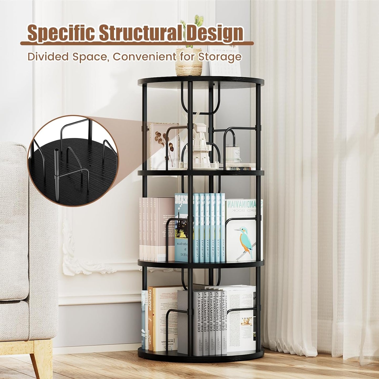 Flycity 3 Tier Rotating Bookshelf, 360° Display Rotating Bookcase Corner Storage Rack with Special Visible Partition Storage, Black